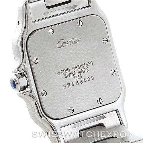 This image shows the back case and part of the bracelet of a Cartier Santos W20011C4 Men
s Stainless Steel Silver Dial W20011C4 Men
s Stainless Steel Silver Dial watch.