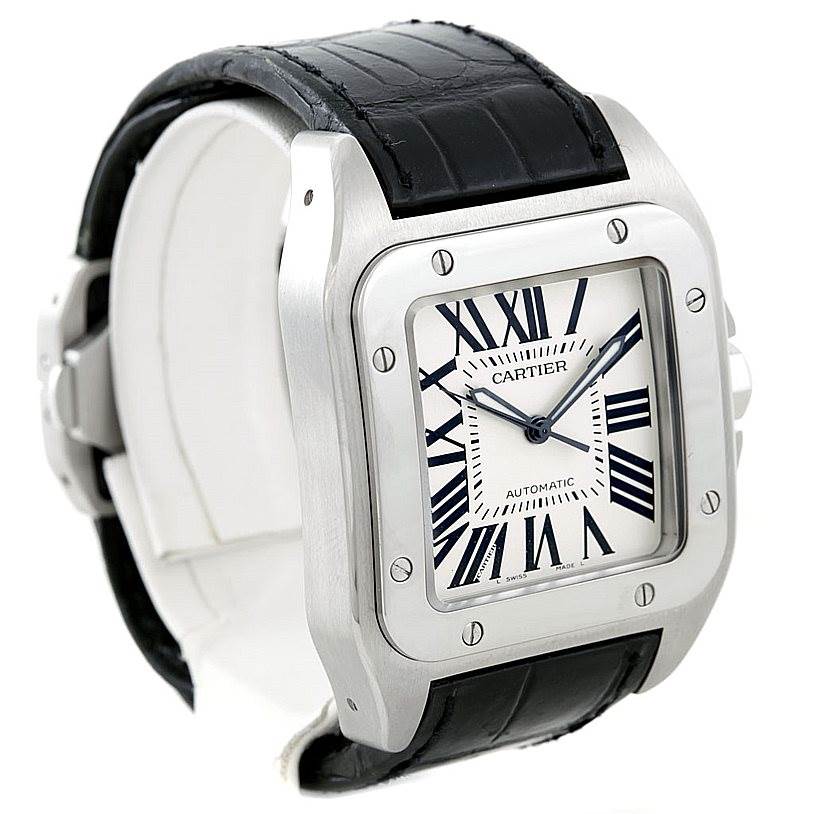 The image shows a Cartier Santos W20073X8 Men's Stainless Steel Silver Dial W20073X8 Men's Stainless Steel Silver Dial watch taken from a front angle, showcasing its face, bezel, and black leather strap.