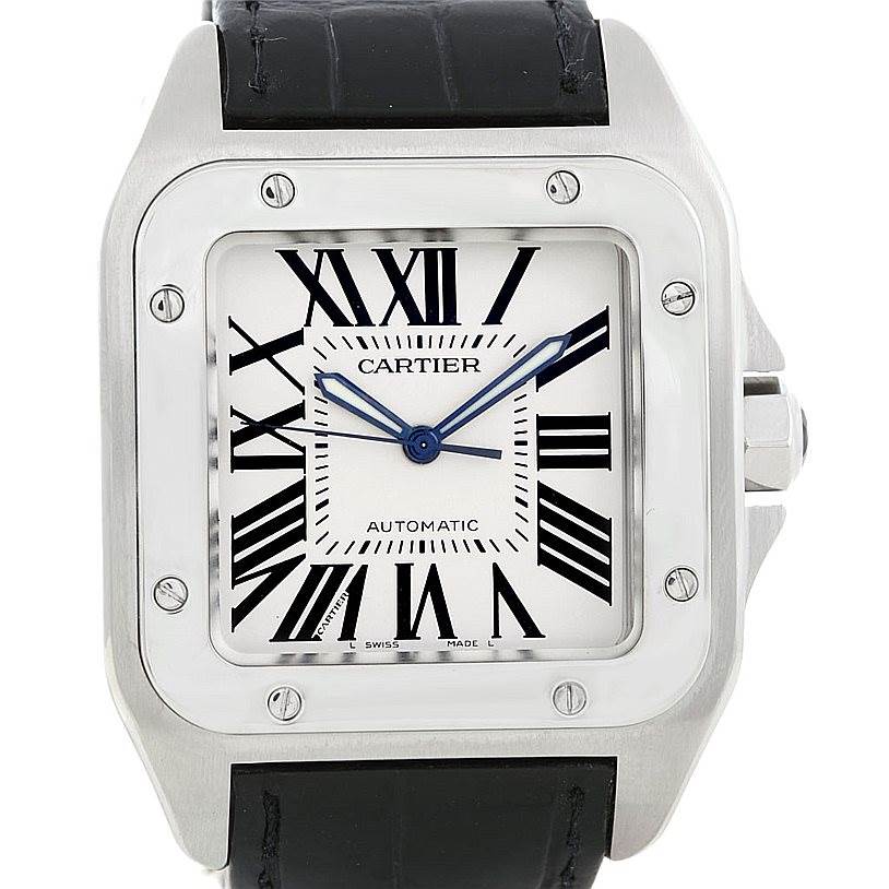 The image shows a frontal view of the Cartier Santos W20073X8 Men's Stainless Steel Silver Dial W20073X8 Men's Stainless Steel Silver Dial watch, highlighting its square dial, Roman numerals, and black leather strap.