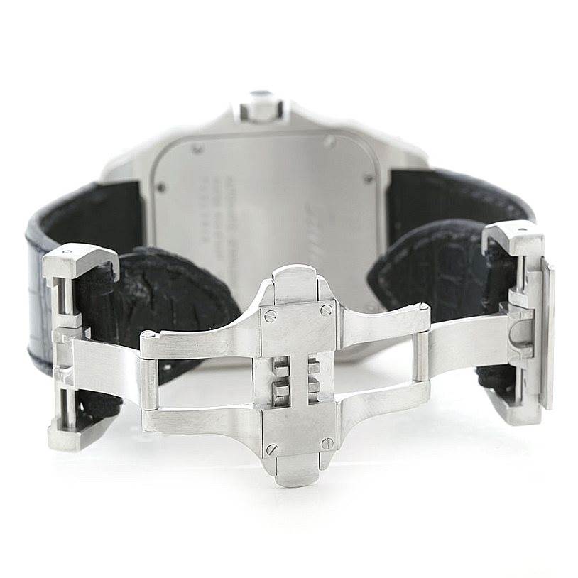 This image shows the unfolded clasp mechanism and part of the strap of a Santos model watch by Cartier from the rear angle.