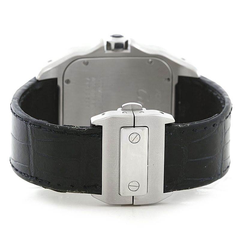 The image shows the back view of a Cartier Santos W20073X8 Men's Stainless Steel Silver Dial W20073X8 Men's Stainless Steel Silver Dial watch, highlighting its clasp and leather strap.
