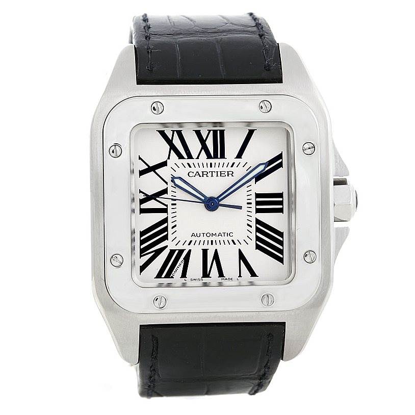 The image shows a front view of a Cartier Santos W20073X8 Men's Stainless Steel Silver Dial W20073X8 Men's Stainless Steel Silver Dial watch, highlighting its dial, case, and black leather strap.