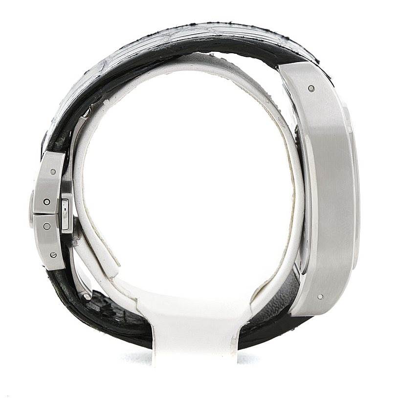 The image shows a side view of a Santos model watch by Cartier, focusing on the case and strap.