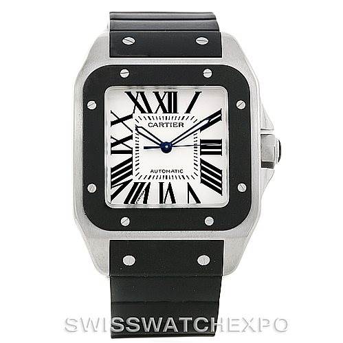 The image shows a frontal view of a Cartier Santos W20121U2 Men
s Stainless Steel Silver Dial W20121U2 Men
s Stainless Steel Silver Dial watch displaying its face, bezel, crown, and strap.
