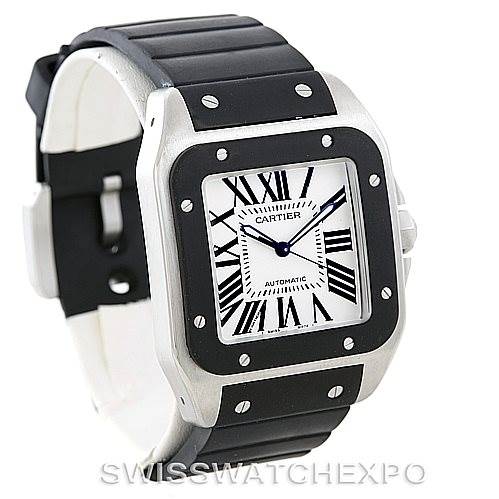 The image shows a front-left angled view of a Cartier Santos W20121U2 Men
s Stainless Steel Silver Dial W20121U2 Men
s Stainless Steel Silver Dial watch with a black strap and a rectangular dial featuring Roman numerals.