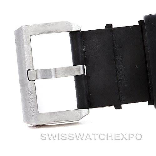 The image shows the buckle of a Cartier Santos W20121U2 Men
s Stainless Steel Silver Dial W20121U2 Men
s Stainless Steel Silver Dial watch, featuring a stainless steel clasp and a black rubber strap.