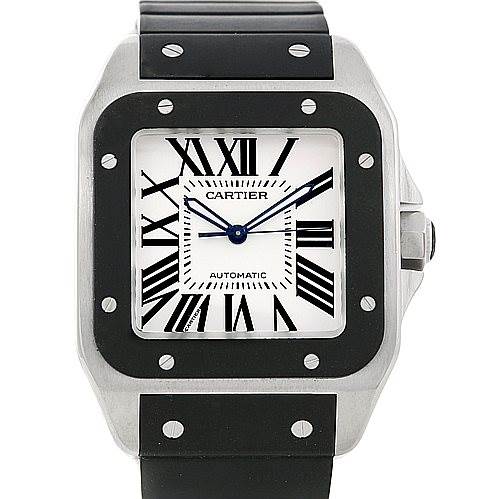 This image shows a front view of the Cartier Santos W20121U2 Men
s Stainless Steel Silver Dial W20121U2 Men
s Stainless Steel Silver Dial watch, highlighting its face, bezel, and part of the strap.