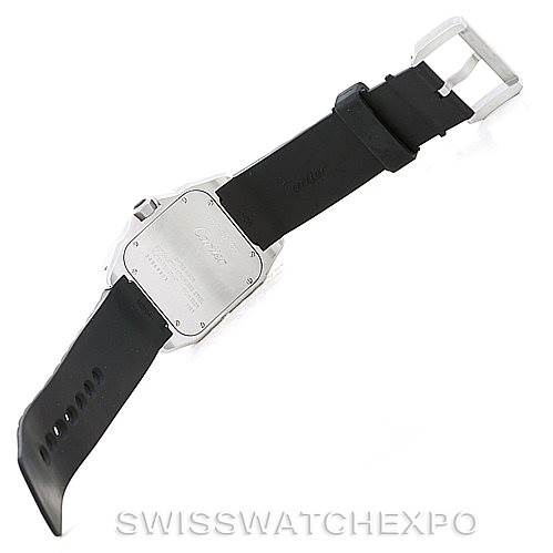 The image shows the back case and black rubber strap of a Cartier Santos W20121U2 Men
s Stainless Steel Silver Dial W20121U2 Men
s Stainless Steel Silver Dial model watch, viewed from the rear angle.