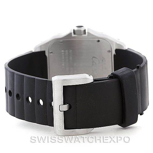 The image shows the back view of a Cartier Santos W20121U2 Men
s Stainless Steel Silver Dial W20121U2 Men
s Stainless Steel Silver Dial watch, focusing on the rubber strap and metal buckle.