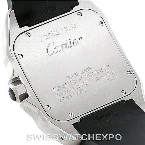 The image shows the back view of a Santos 100 model by Cartier, highlighting the case back and part of the strap.