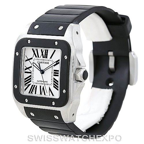 The image shows a side angle of the Cartier Santos W20121U2 Men
s Stainless Steel Silver Dial W20121U2 Men
s Stainless Steel Silver Dial watch, highlighting its rectangular face, bezel, and black strap.