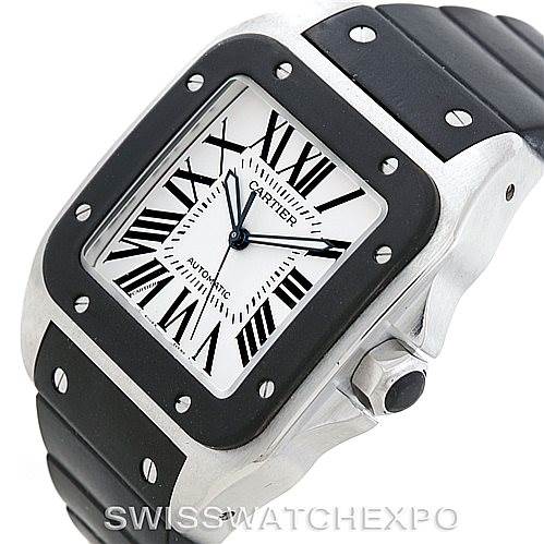 The Cartier Santos W20121U2 Men
s Stainless Steel Silver Dial W20121U2 Men
s Stainless Steel Silver Dial watch is shown from a front angle, highlighting the face, bezel, and part of the strap.