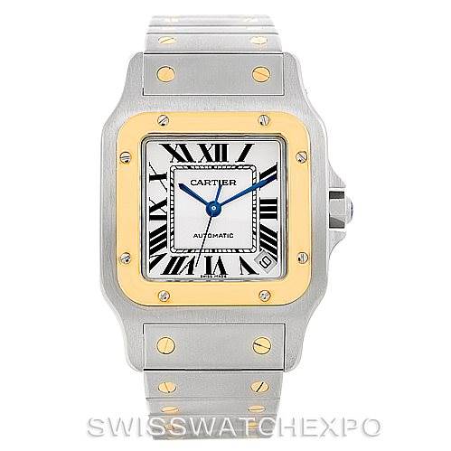This image shows a front view of a Cartier Santos W20099C4 Men
s Stainless Steel Silver Dial W20099C4 Men
s Stainless Steel Silver Dial watch, highlighting its square face, Roman numerals, and two-tone bracelet with screws.
