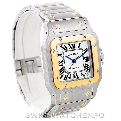 This image shows a Cartier Santos W20099C4 Men
s Stainless Steel Silver Dial W20099C4 Men
s Stainless Steel Silver Dial watch at a 3/4 angle, highlighting its bezel, dial, bracelet, and clasp.