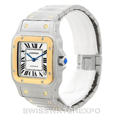 This is a Santos model watch by Cartier shown from an angled front view featuring the case, dial, crown, and part of the bracelet.