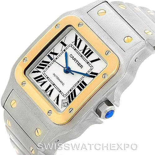 The image shows a close-up angled view of a Cartier Santos W20099C4 Men
s Stainless Steel Silver Dial W20099C4 Men
s Stainless Steel Silver Dial model watch, highlighting the bezel, dial, crown, and part of the bracelet.