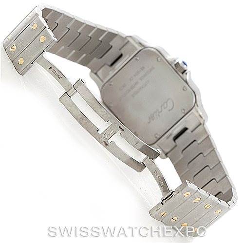 The image shows the back view and bracelet of a Cartier Santos W20099C4 Men
s Stainless Steel Silver Dial W20099C4 Men
s Stainless Steel Silver Dial watch, highlighting the clasp and case back details.