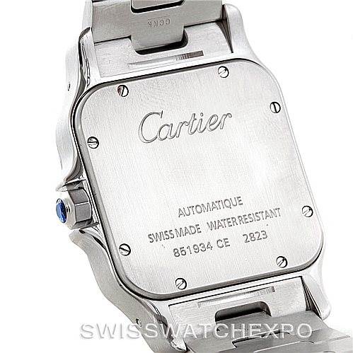 This is the back view of a Cartier Santos W20099C4 Men
s Stainless Steel Silver Dial W20099C4 Men
s Stainless Steel Silver Dial watch showing its case back and part of the bracelet.