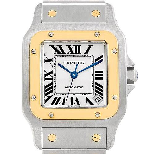 This image shows a Cartier Santos W20099C4 Men
s Stainless Steel Silver Dial W20099C4 Men
s Stainless Steel Silver Dial model watch from the front angle, featuring a square face, Roman numerals, and a two-tone metal case.