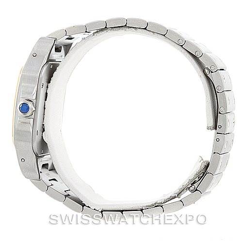 This image shows a side view of a Cartier Santos W20099C4 Men
s Stainless Steel Silver Dial W20099C4 Men
s Stainless Steel Silver Dial watch, highlighting the bracelet and the crown with a blue gemstone.