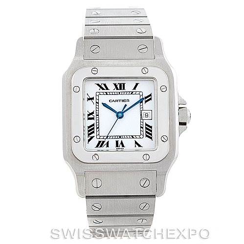 The image shows a front view of the Cartier Santos Men
s Stainless Steel White Dial Men
s Stainless Steel White Dial watch, highlighting its face, bezel, and bracelet.