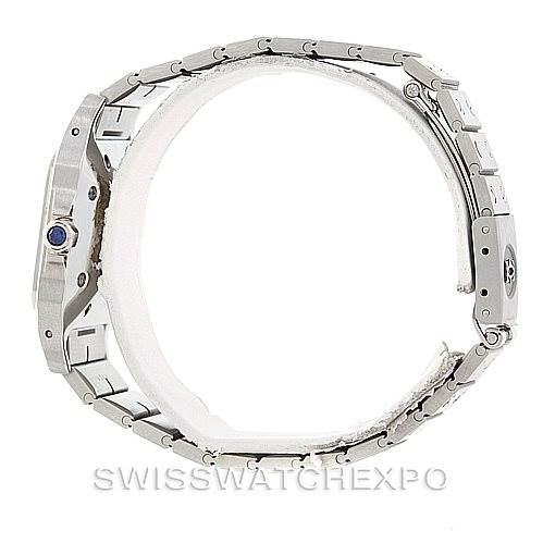 The image shows a side profile view of a Cartier Santos Men
s Stainless Steel White Dial Men
s Stainless Steel White Dial watch, highlighting the case, crown, and full bracelet.