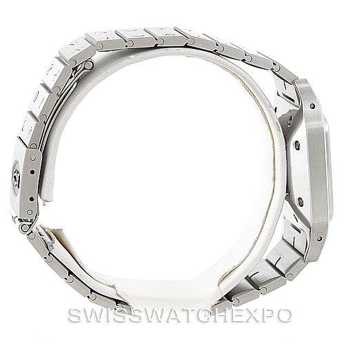 The image shows a side profile of a Cartier Santos Men
s Stainless Steel White Dial Men
s Stainless Steel White Dial watch, highlighting the bracelet links and watch case.