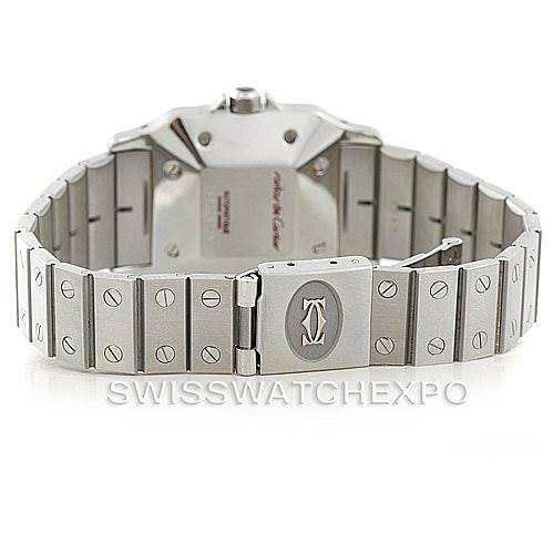 The image shows the back of the Santos model by Cartier, highlighting the bracelet and clasp.