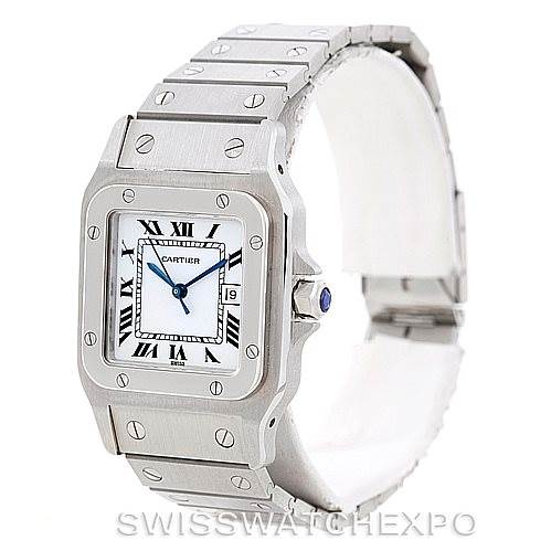 The Cartier Santos Men
s Stainless Steel White Dial Men
s Stainless Steel White Dial watch is shown at a slight angle, highlighting the face, bezel, and part of the bracelet.