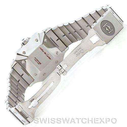 The image shows the clasp and back of the Santos model watch by Cartier from a rear angle.
