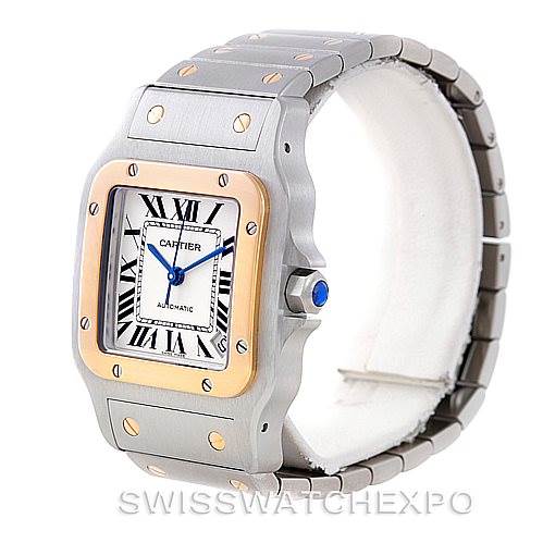 The image shows a Cartier Santos W20099C4 Men's Stainless Steel Silver Dial W20099C4 Men's Stainless Steel Silver Dial watch from an angled side view, revealing the face, bezel, crown, and part of the bracelet.