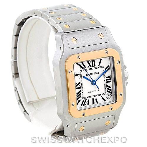 The image shows a Cartier Santos W20099C4 Men's Stainless Steel Silver Dial W20099C4 Men's Stainless Steel Silver Dial watch from a front angle, displaying its face, bezel, and part of the bracelet.