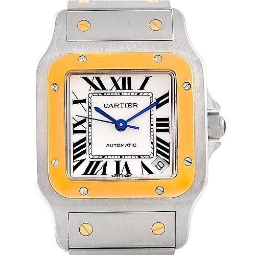 The image shows a frontal view of the Cartier Santos W20099C4 Men's Stainless Steel Silver Dial W20099C4 Men's Stainless Steel Silver Dial watch, highlighting its square face, Roman numerals, and metallic case and bracelet.