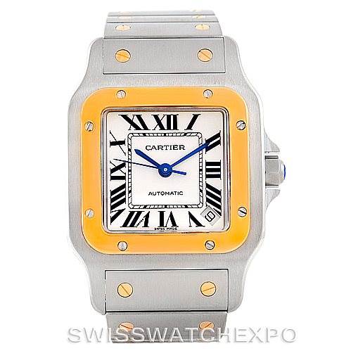 The image shows a front view of the Cartier Santos W20099C4 Men's Stainless Steel Silver Dial W20099C4 Men's Stainless Steel Silver Dial model watch, highlighting its square dial, bezel, and bracelet.