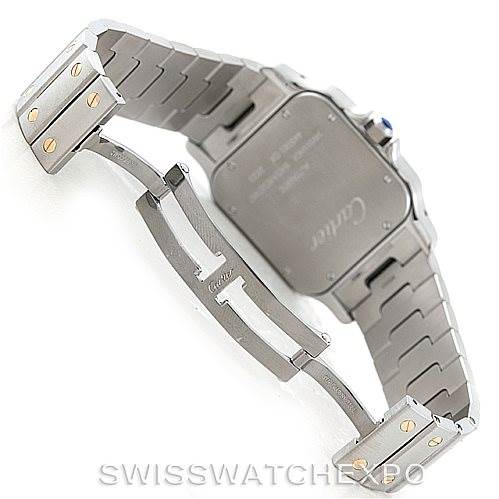 This image shows the backside of the Santos model by Cartier, focusing on the clasp and metal bracelet.