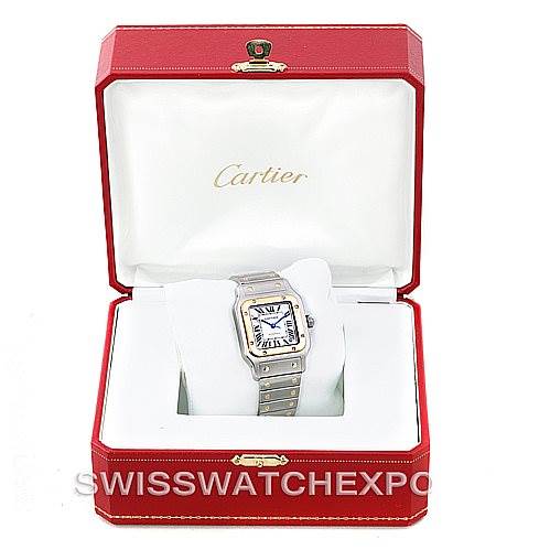 The image shows a Cartier Santos W20099C4 Men's Stainless Steel Silver Dial W20099C4 Men's Stainless Steel Silver Dial watch displayed in an open red Cartier box, viewed from the front.