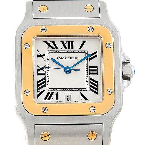 The image shows a front view of the Cartier Santos W20011C4 Men
s Stainless Steel Silver Dial W20011C4 Men
s Stainless Steel Silver Dial watch, highlighting its dial, bezel, and part of the bracelet.