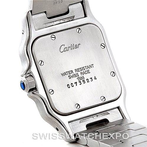 This image shows the back case and part of the bracelet of a Cartier Santos W20011C4 Men
s Stainless Steel Silver Dial W20011C4 Men
s Stainless Steel Silver Dial watch from an angled rear view.