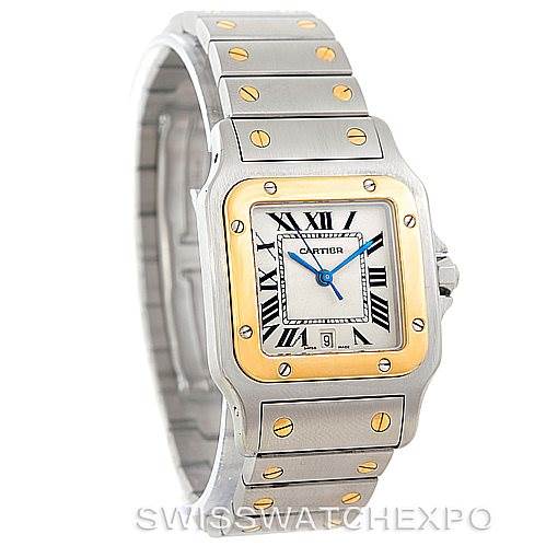The image shows a front angle of the Santos model by Cartier, highlighting its face, bezel, and metallic bracelet.