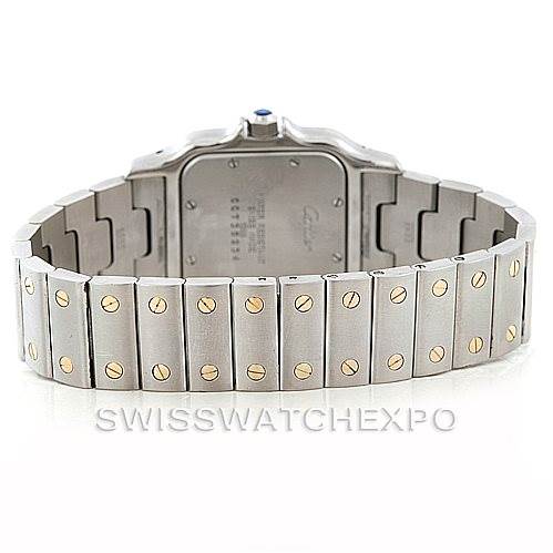 This image shows the back of the Cartier Santos W20011C4 Men
s Stainless Steel Silver Dial W20011C4 Men
s Stainless Steel Silver Dial watch, focusing on the case back and the metal bracelet with gold screws.