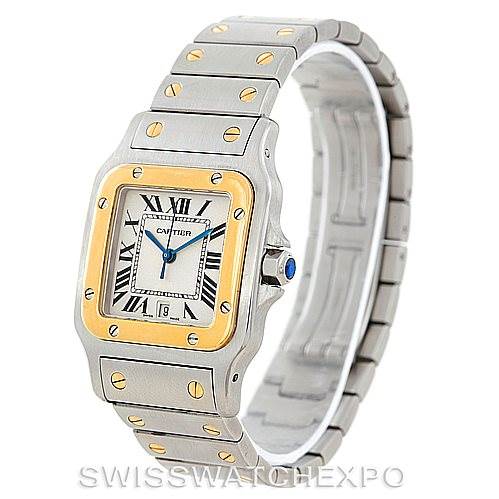 The image shows a Cartier Santos W20011C4 Men
s Stainless Steel Silver Dial W20011C4 Men
s Stainless Steel Silver Dial watch from an angled view, displaying the face, bezel, and bracelet.