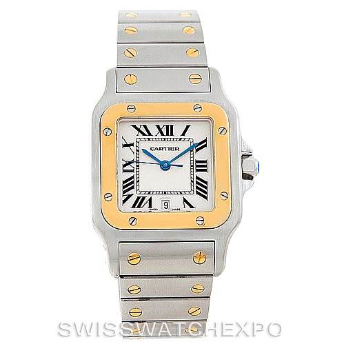 This image shows a front view of the Cartier Santos W20011C4 Men
s Stainless Steel Silver Dial W20011C4 Men
s Stainless Steel Silver Dial watch, displaying its face, bezel, and bracelet.