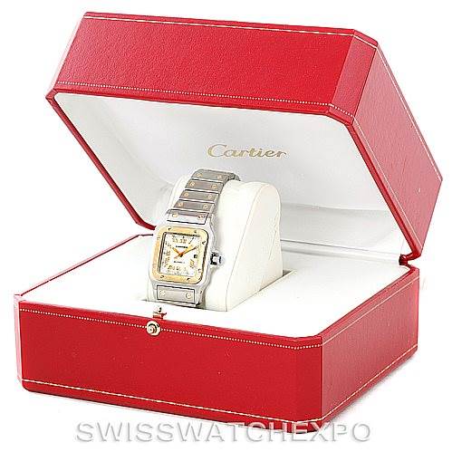 The image shows a Cartier Santos W20058C4 Men's Stainless Steel Silver Dial W20058C4 Men's Stainless Steel Silver Dial watch displayed inside its open red Cartier box, viewed from a slightly angled front perspective.