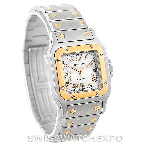 This image shows a Cartier Santos W20058C4 Men's Stainless Steel Silver Dial W20058C4 Men's Stainless Steel Silver Dial watch at a front angle, highlighting its face, bezel, and bracelet.