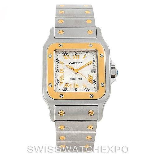 The image shows a front view of the Cartier Santos W20058C4 Men's Stainless Steel Silver Dial W20058C4 Men's Stainless Steel Silver Dial model watch, including the face, bezel, and bracelet.