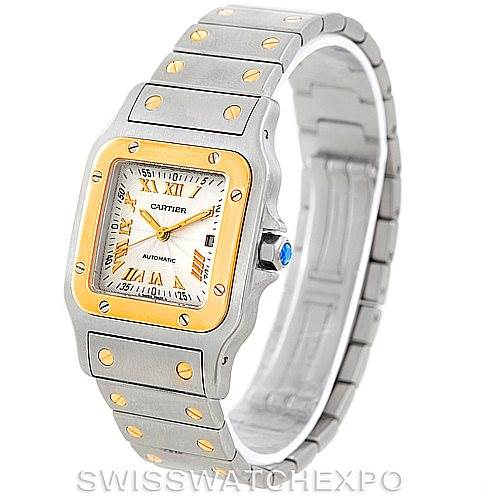 The image shows a Cartier Santos W20058C4 Men's Stainless Steel Silver Dial W20058C4 Men's Stainless Steel Silver Dial watch at a three-quarter angle, highlighting the face, bezel, crown, and bracelet.