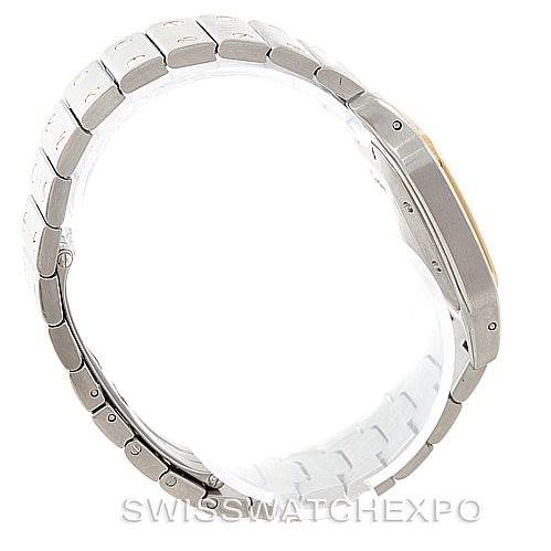 This is a side profile view of the Cartier Santos W20058C4 Men's Stainless Steel Silver Dial W20058C4 Men's Stainless Steel Silver Dial watch, showcasing its bracelet and case.