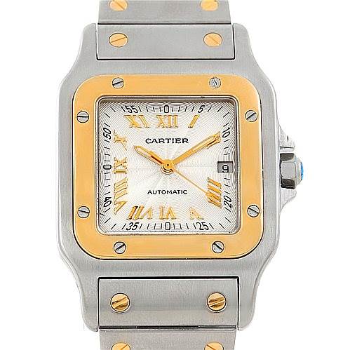 The image shows a front view of the Cartier Santos W20058C4 Men's Stainless Steel Silver Dial W20058C4 Men's Stainless Steel Silver Dial watch, highlighting its dial, bezel, and part of the bracelet.