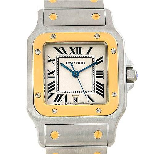 The image shows a front view of a Santos model by Cartier, featuring its face, bezel, crown, and part of the bracelet.