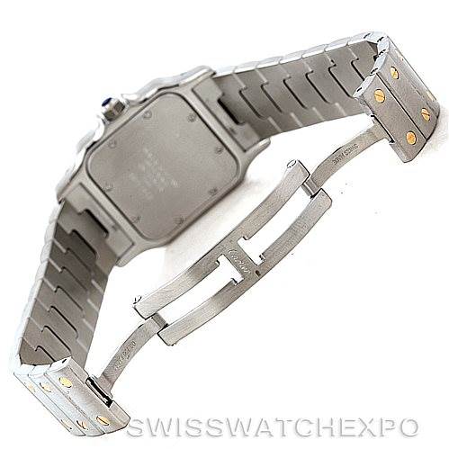 This image shows the back and clasp of the Santos model watch by Cartier, highlighting the metal bracelet with screw details.